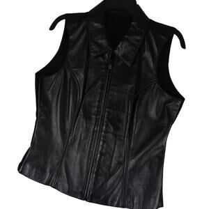Wilsons Vintage Maxima Leather Vest Womens Large Black Zip Moto Stretch‎ Back